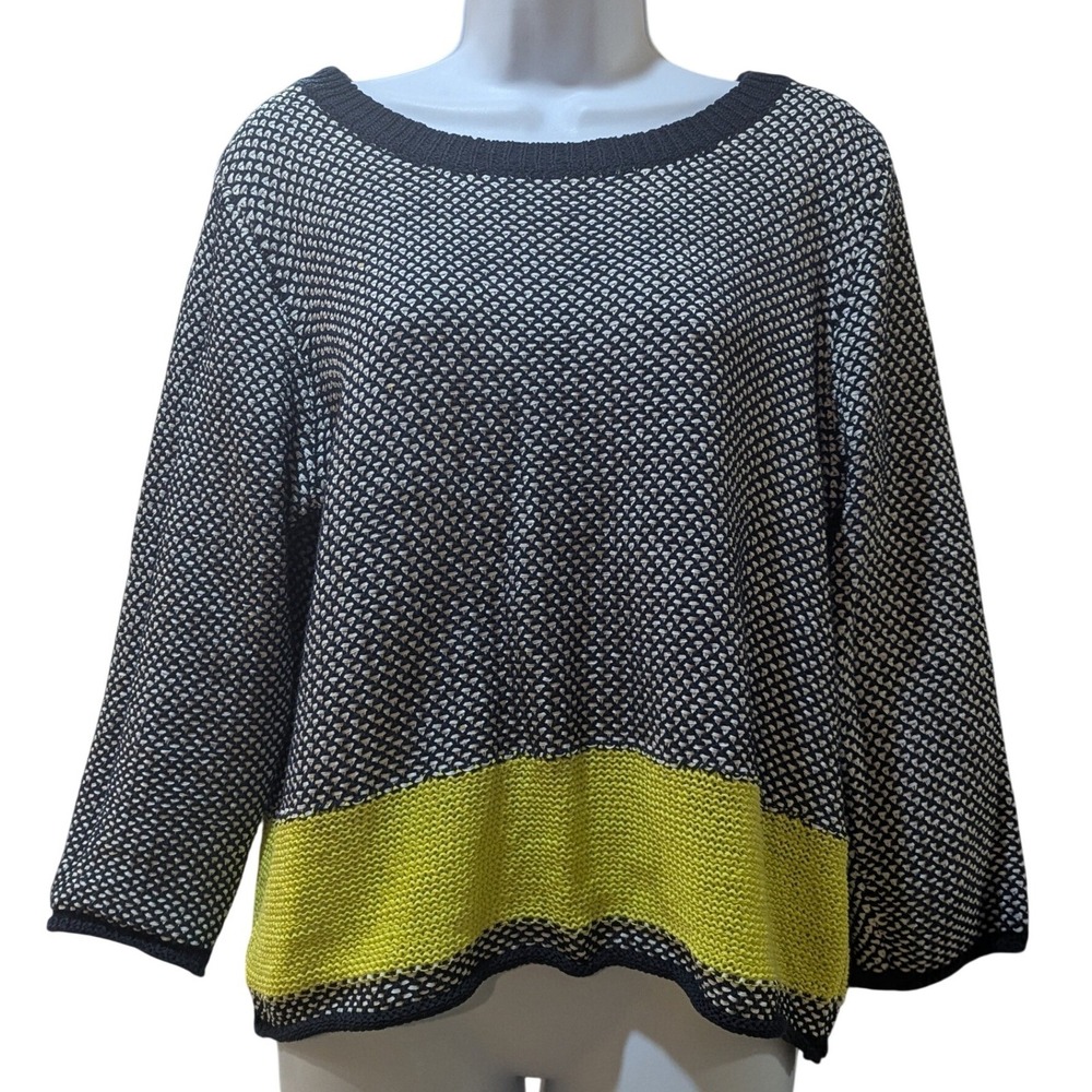 Ost Women's Colorblock Pullover Textured Knit Sweater Navy Lime Green Large